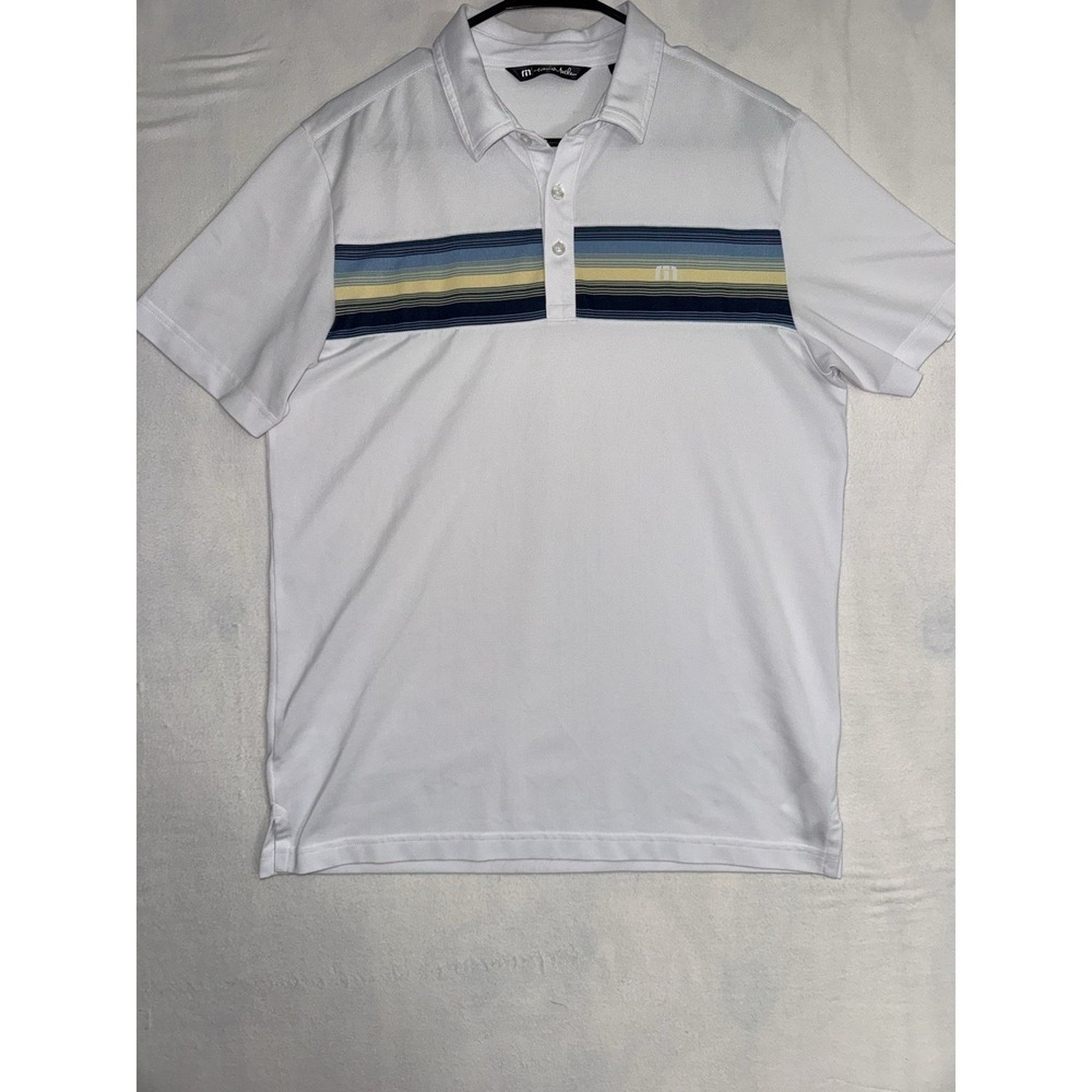Men's Medium Travis Mathew White With Stripes Performance Golf Polo